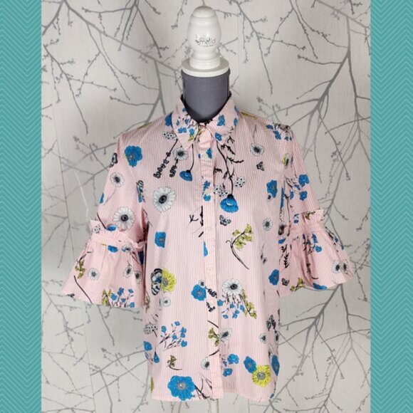 Silent Chaos Pink Floral Print Cotton Stretch Bell Sleeve Blouse - Picture 1 of 4